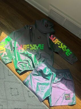 Surf Style Green Shorts with Neon Green & Pink/purple  Accents set size small